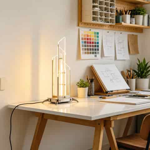 Sculptural glass LED table lamp with layered transparent panels and warm illumination on a modern desk