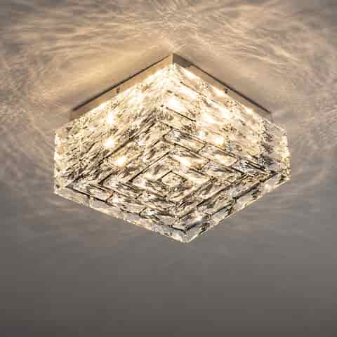 Modern square crystal flush mount ceiling light with layered faceted clear crystal panels and warm illumination